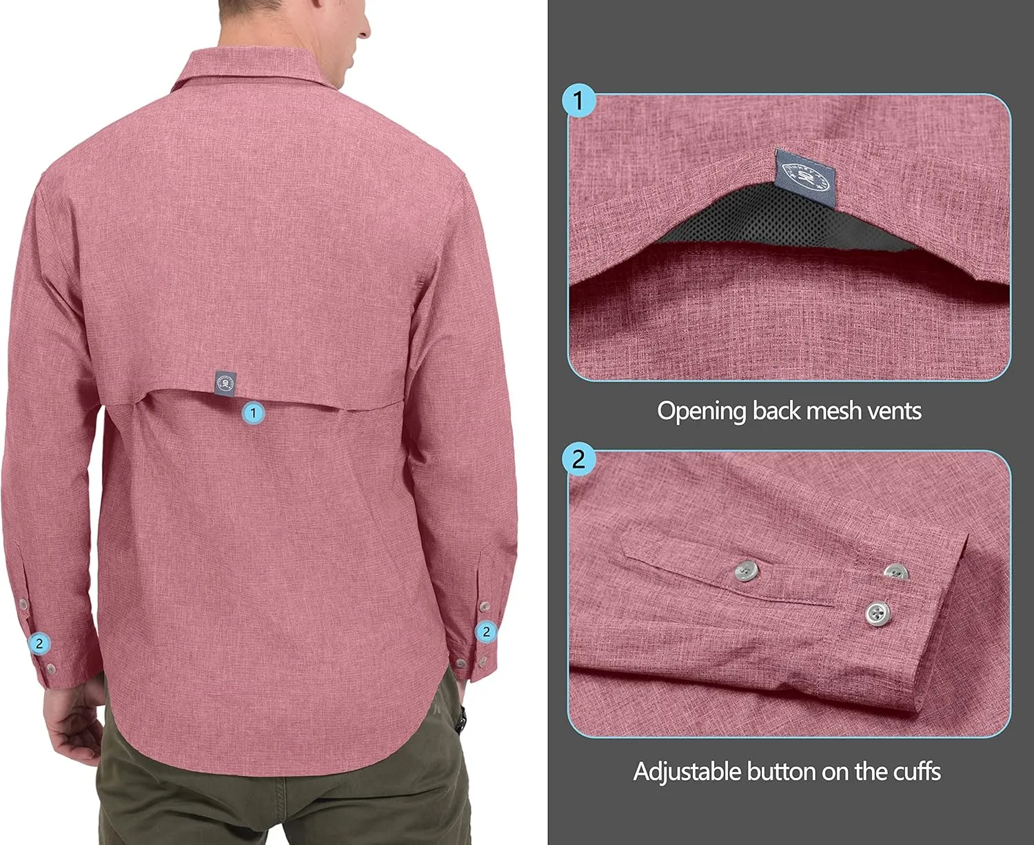 Little Donkey Andy Men's UPF 50  UV Protection Shirt, Breathable Long Sleeve Fishing Hiking Shirt, Air-Holes Tech