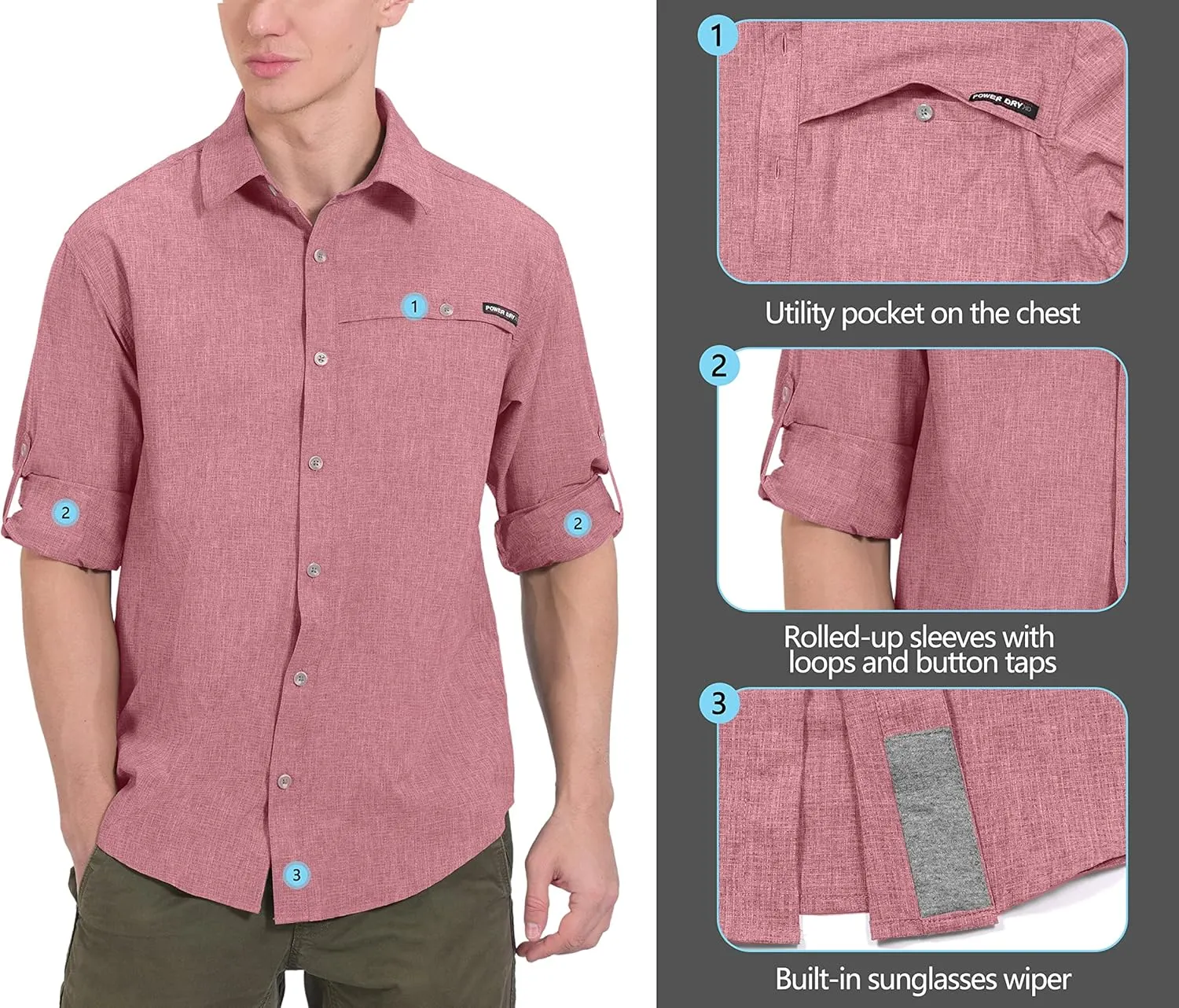 Little Donkey Andy Men's UPF 50  UV Protection Shirt, Breathable Long Sleeve Fishing Hiking Shirt, Air-Holes Tech