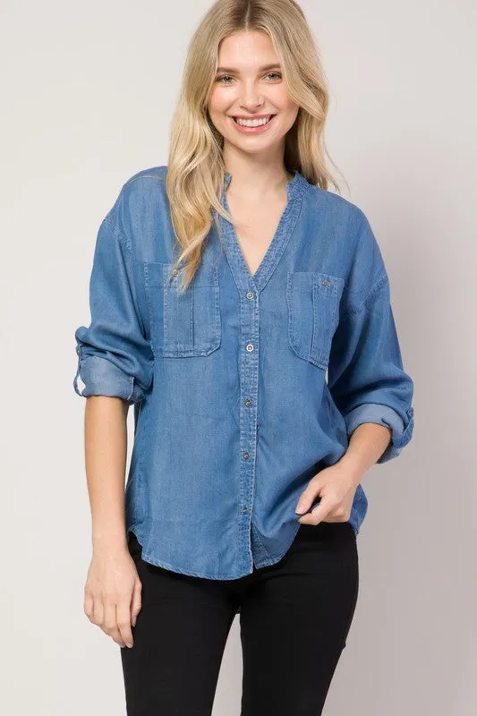 Medium Denim Chambray Button Down Split Neck Denim Shirt