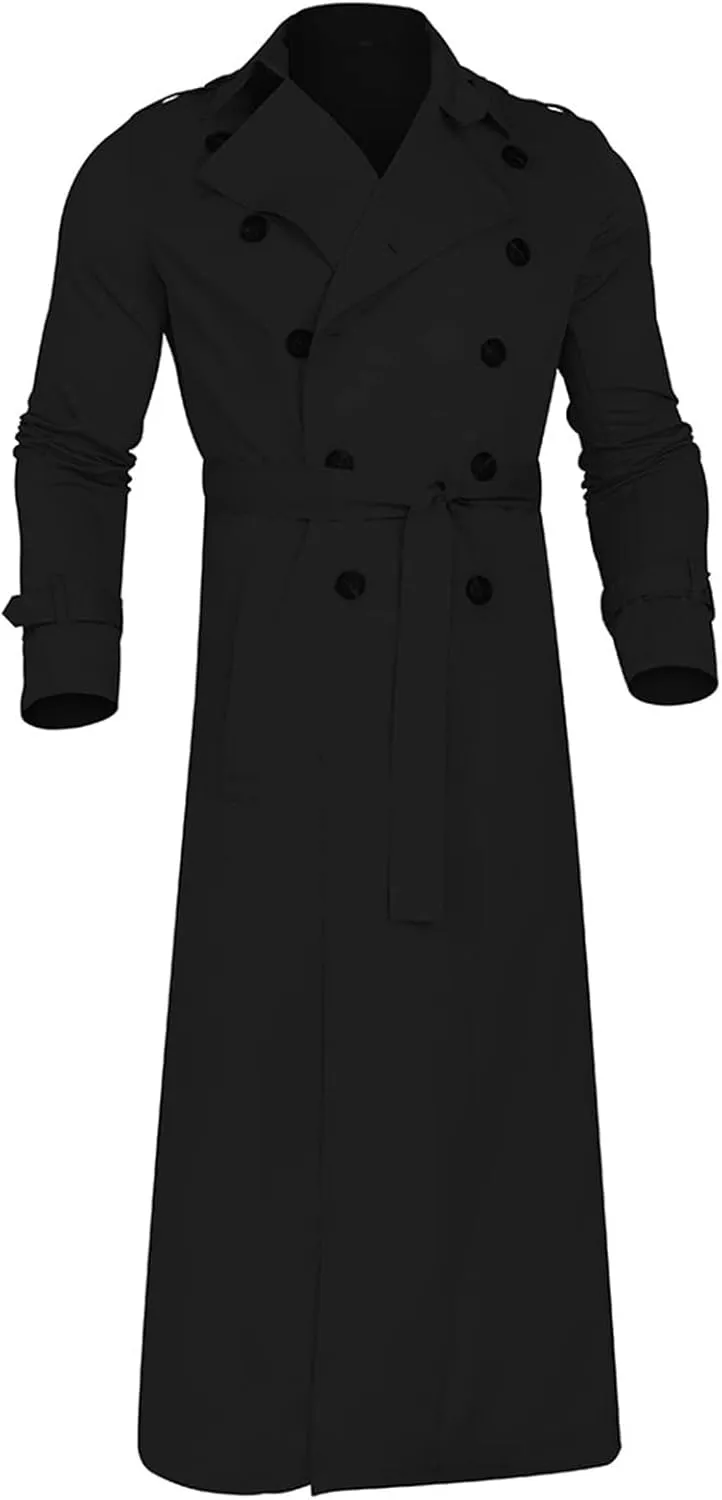 Men Trench Coat Winter,Double Breasted Oversized Light Casual Lapel Long Windbreaker Jacket Belted Slim Overcoats