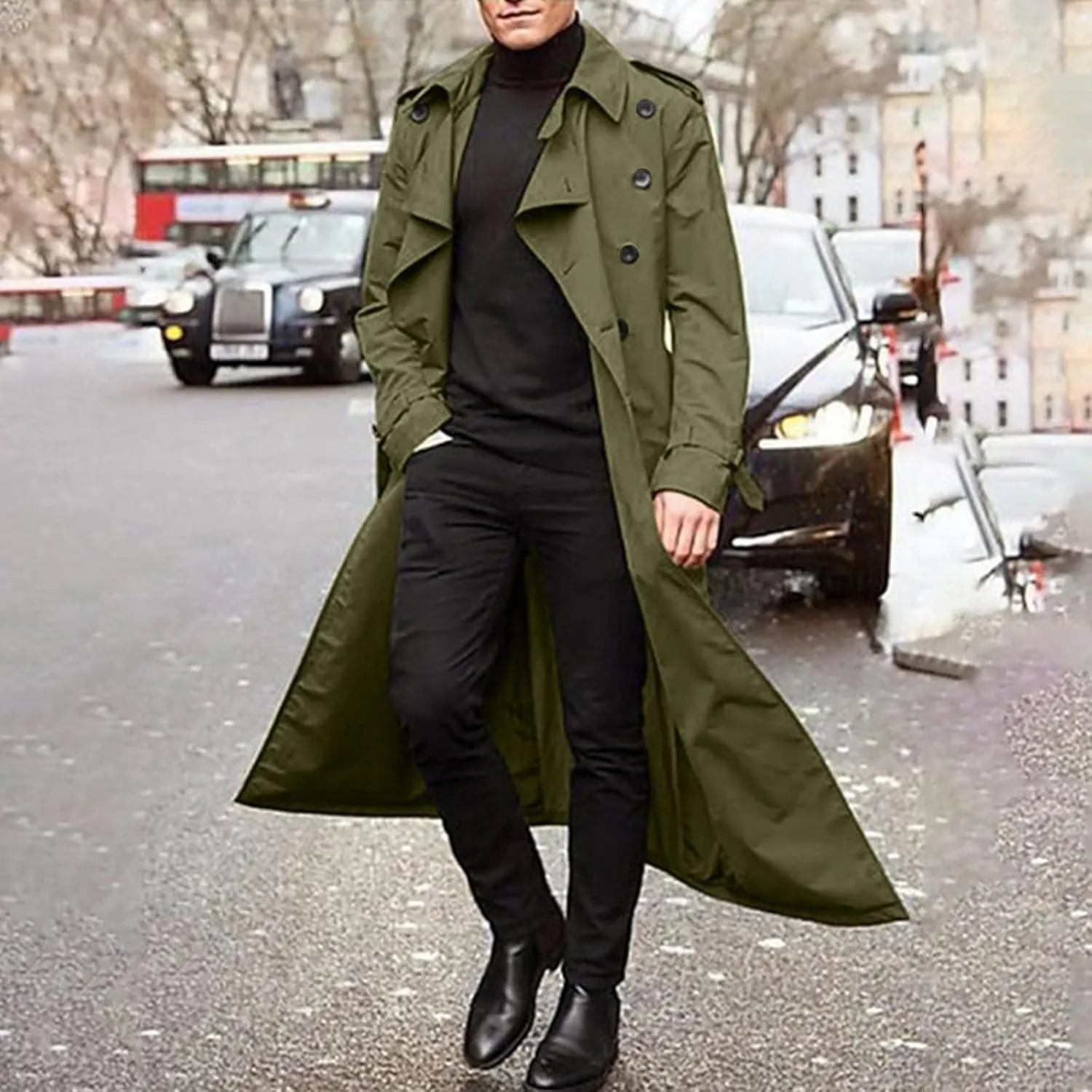 Men Trench Coat Winter,Double Breasted Oversized Light Casual Lapel Long Windbreaker Jacket Belted Slim Overcoats