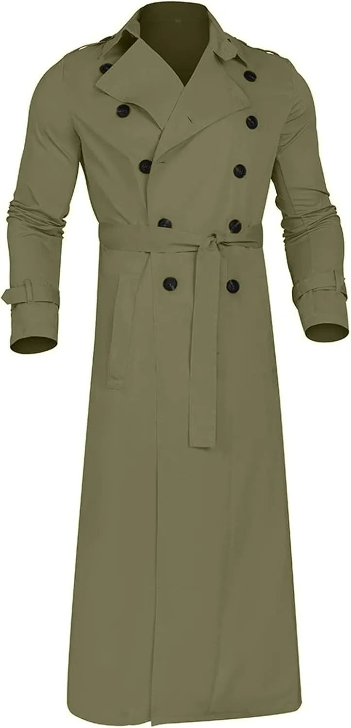 Men Trench Coat Winter,Double Breasted Oversized Light Casual Lapel Long Windbreaker Jacket Belted Slim Overcoats