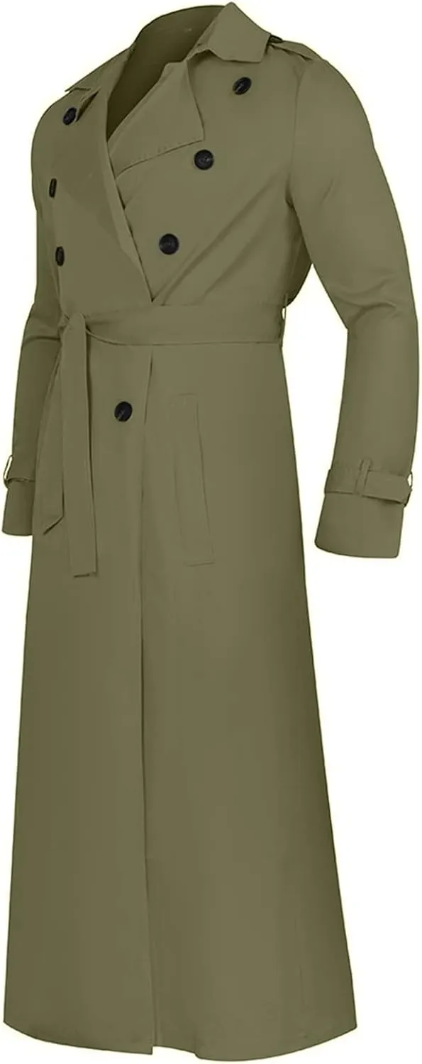Men Trench Coat Winter,Double Breasted Oversized Light Casual Lapel Long Windbreaker Jacket Belted Slim Overcoats