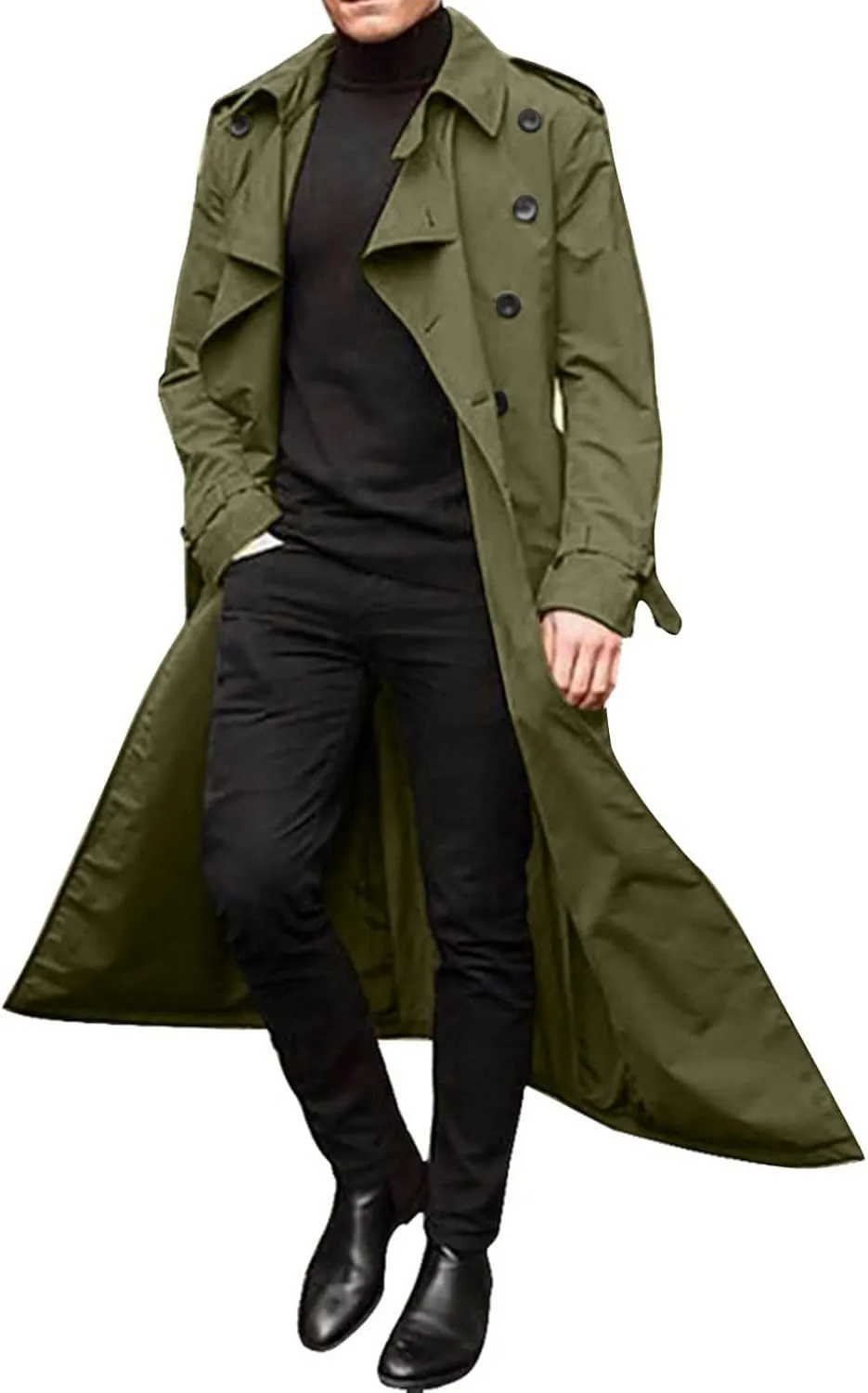 Men Trench Coat Winter,Double Breasted Oversized Light Casual Lapel Long Windbreaker Jacket Belted Slim Overcoats