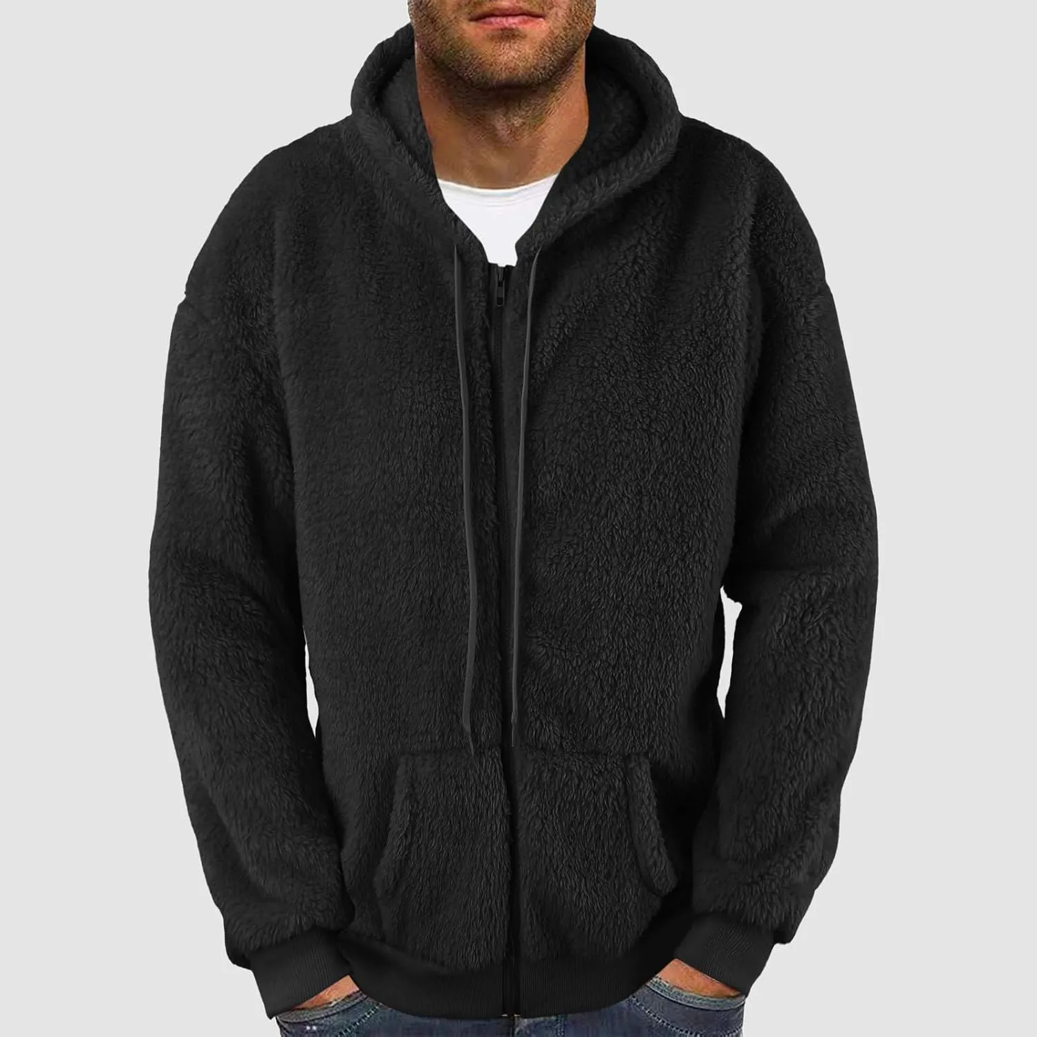 Men's Cashmere Sweaters, Men's Full Zip Fleece Flannel Jackets Shirt Cotton Hoodies Soft Warm Coat for Men with Hood