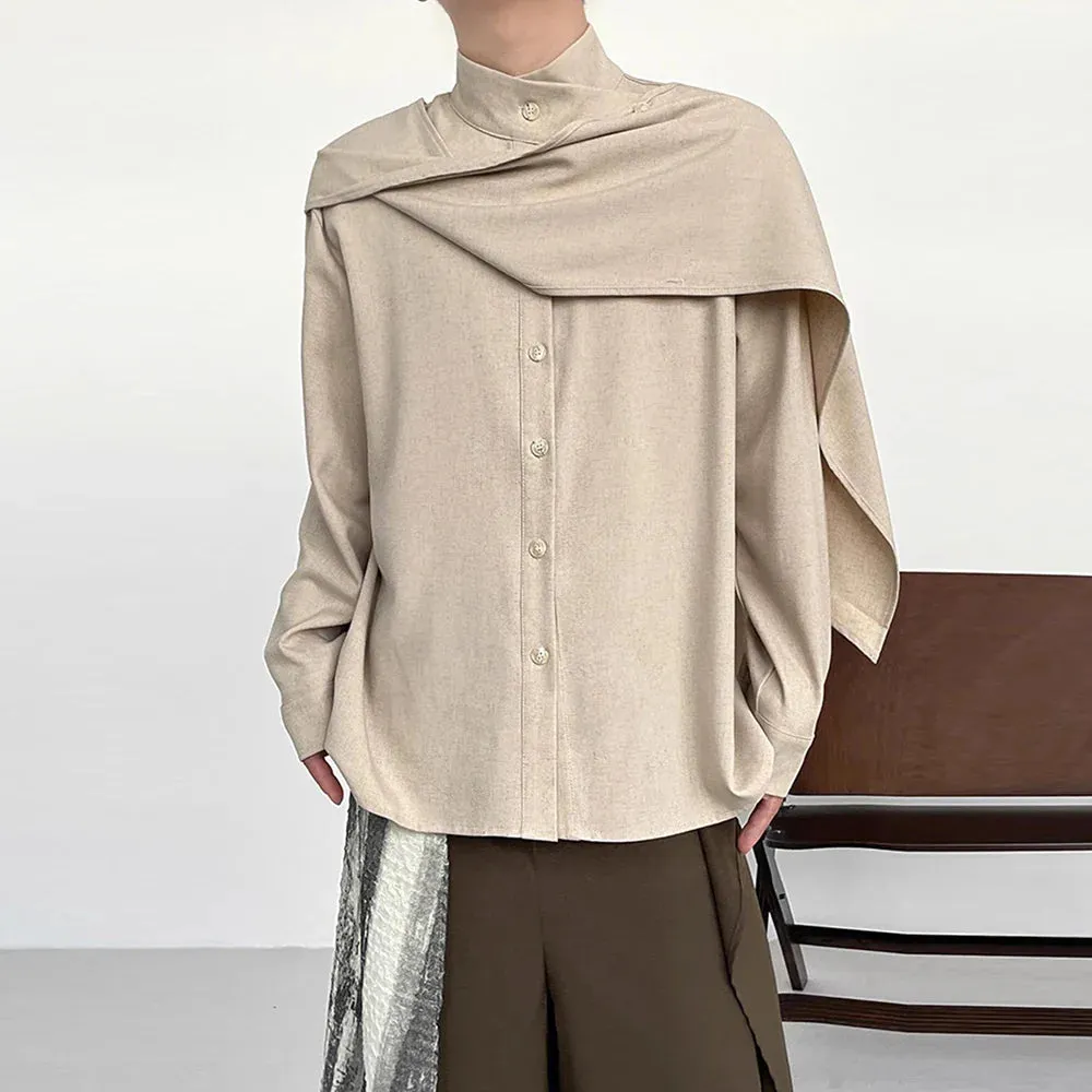 Metaversmall Solid Casual Spliced Button Chic Shirts For Women Scarf Collar Long Sleeve Minimalist Loose Blouses Female Fashion Style New