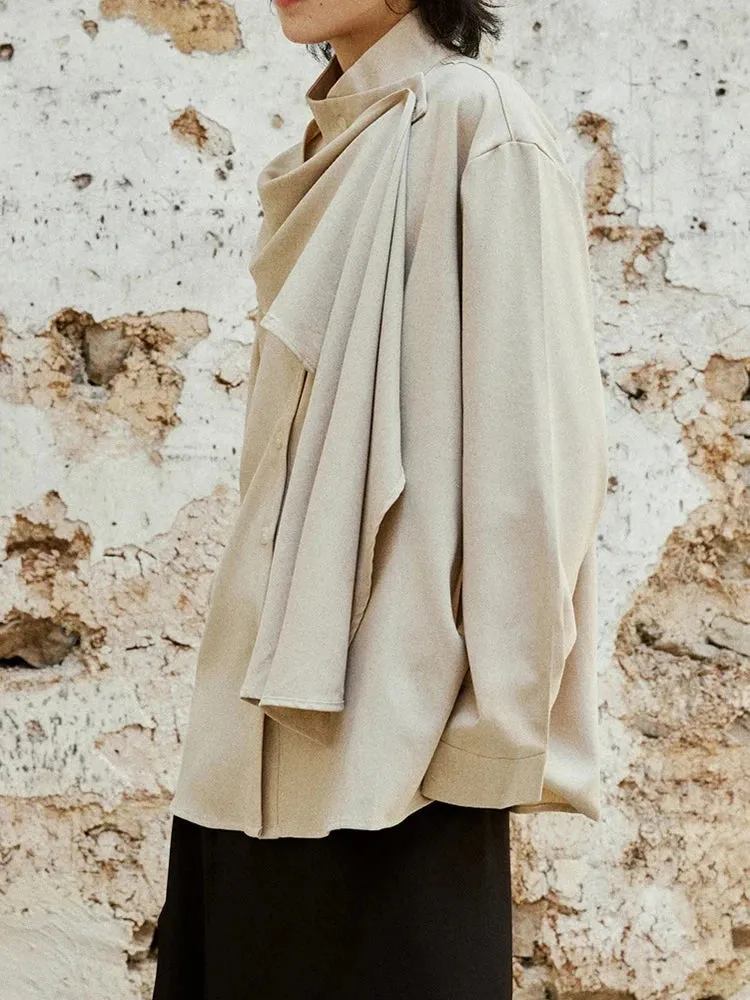 Metaversmall Solid Casual Spliced Button Chic Shirts For Women Scarf Collar Long Sleeve Minimalist Loose Blouses Female Fashion Style New