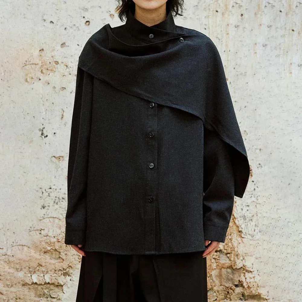 Metaversmall Solid Casual Spliced Button Chic Shirts For Women Scarf Collar Long Sleeve Minimalist Loose Blouses Female Fashion Style New