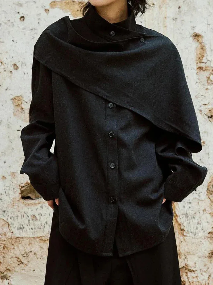 Metaversmall Solid Casual Spliced Button Chic Shirts For Women Scarf Collar Long Sleeve Minimalist Loose Blouses Female Fashion Style New