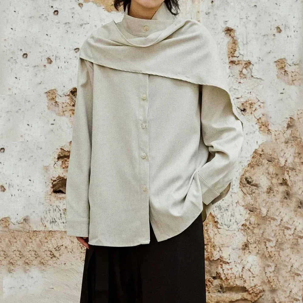 Metaversmall Solid Casual Spliced Button Chic Shirts For Women Scarf Collar Long Sleeve Minimalist Loose Blouses Female Fashion Style New