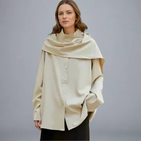 Metaversmall Solid Casual Spliced Button Chic Shirts For Women Scarf Collar Long Sleeve Minimalist Loose Blouses Female Fashion Style New