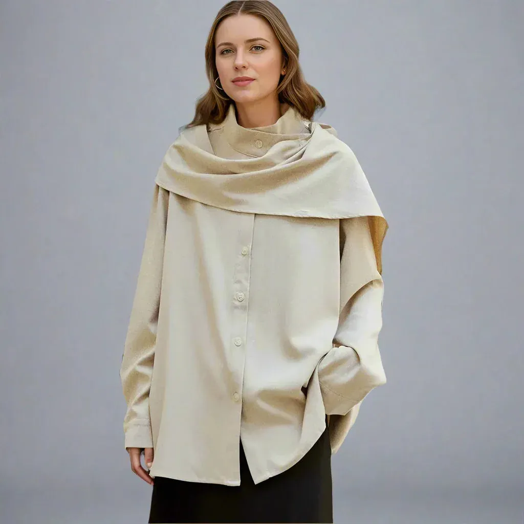 Metaversmall Solid Casual Spliced Button Chic Shirts For Women Scarf Collar Long Sleeve Minimalist Loose Blouses Female Fashion Style New
