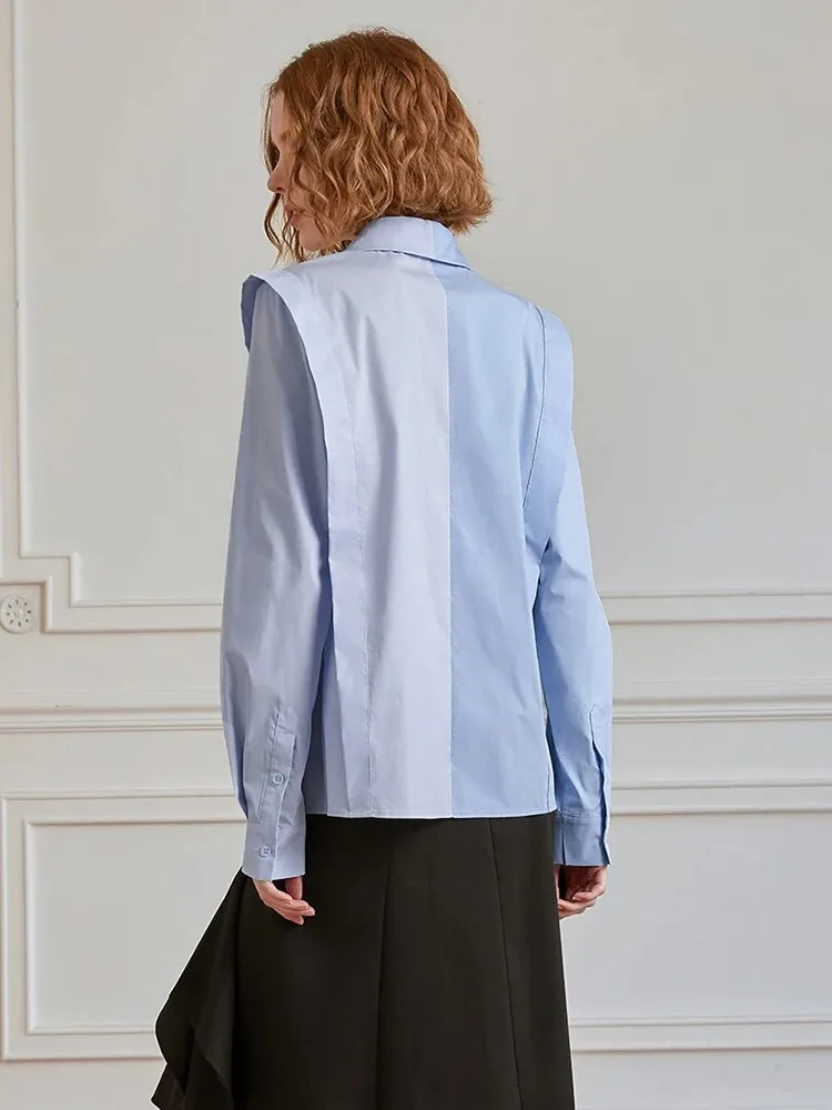 Minimalist Patchwork Single Breasted Shirts For Women Lapel Long Sleeve Loose Summer Blouse Female Fashion Clothes