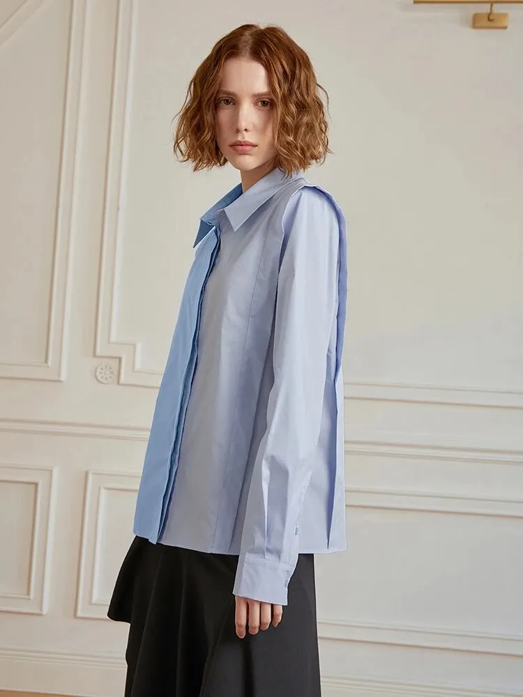 Minimalist Patchwork Single Breasted Shirts For Women Lapel Long Sleeve Loose Summer Blouse Female Fashion Clothes