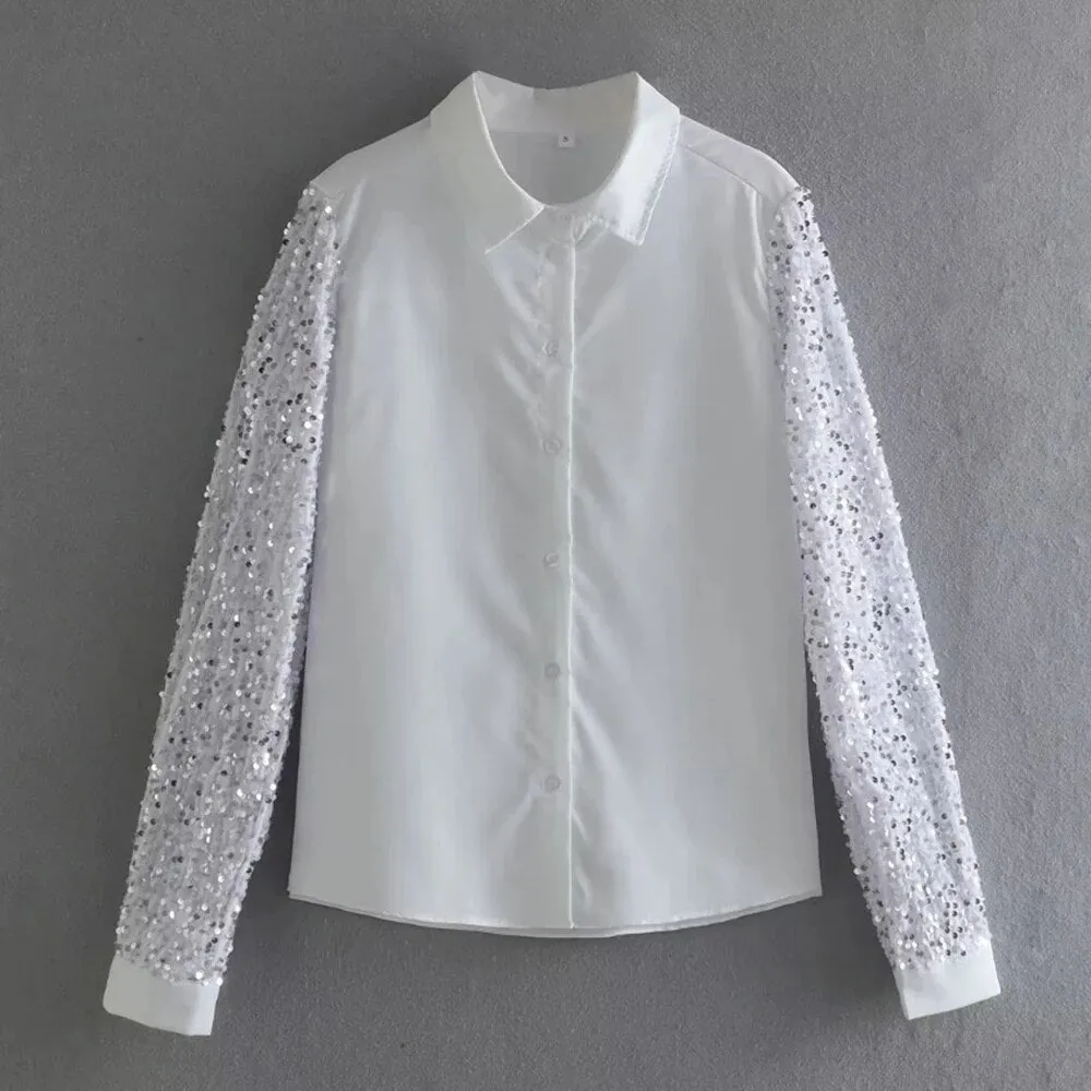 Minimalist Shirts For Women Lapel Long Sleeve Spliced Sequins Summer Casual Loose Blouse Female Fashion Clothes