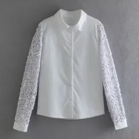 Minimalist Shirts For Women Lapel Long Sleeve Spliced Sequins Summer Casual Loose Blouse Female Fashion Clothes