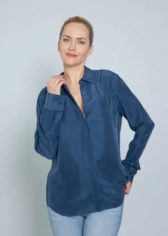 ODELLE CUFF SILK NAVY BLOUSE