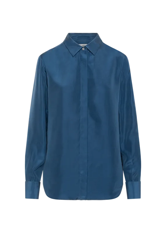 ODELLE CUFF SILK NAVY BLOUSE