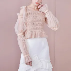 Patchwork Mesh Shirts For Women Slash Neck Puff Sleeve Backless Pullover Minimalist Casual Blouse Female Fashion Summer New
