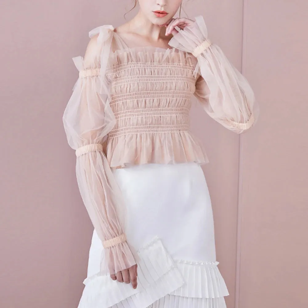 Patchwork Mesh Shirts For Women Slash Neck Puff Sleeve Backless Pullover Minimalist Casual Blouse Female Fashion Summer New