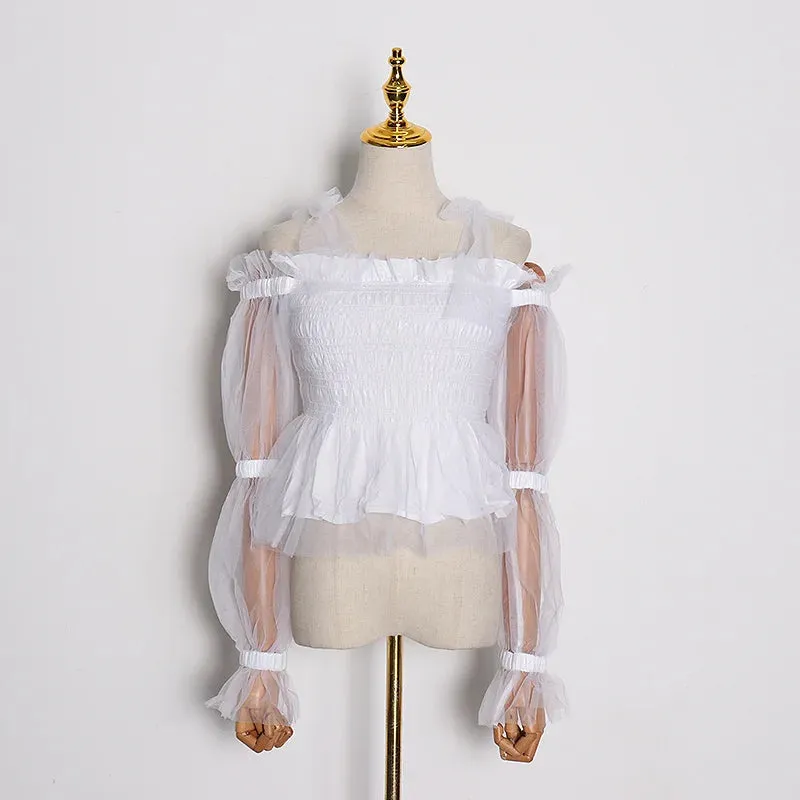Patchwork Mesh Shirts For Women Slash Neck Puff Sleeve Backless Pullover Minimalist Casual Blouse Female Fashion Summer New