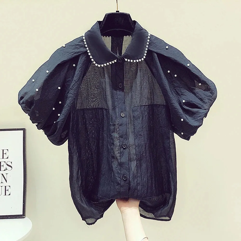 Patchwork Pearl Shirt For Women Lapel Puff Sleeve Solid Minimalist Button Through Blouse Female Fashion Clothes