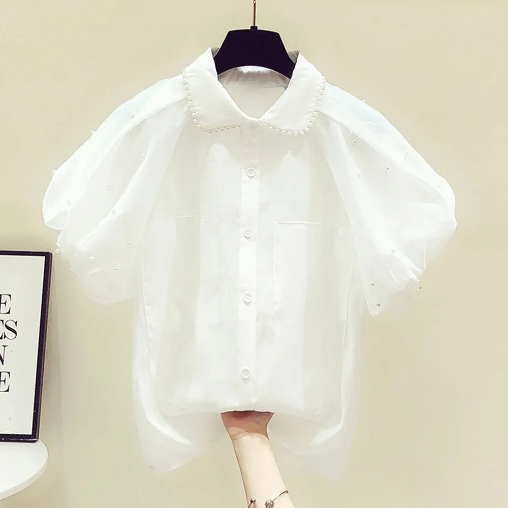 Patchwork Pearl Shirt For Women Lapel Puff Sleeve Solid Minimalist Button Through Blouse Female Fashion Clothes