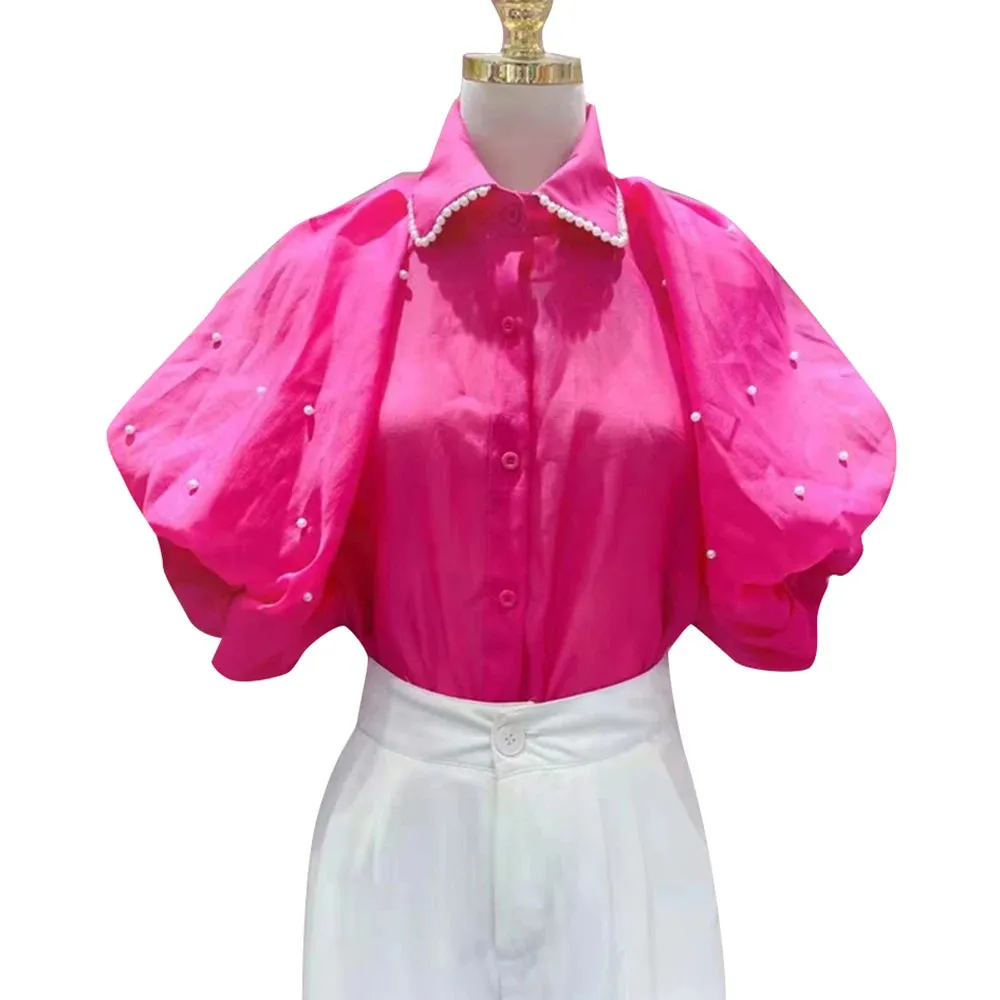 Patchwork Pearl Shirt For Women Lapel Puff Sleeve Solid Minimalist Button Through Blouse Female Fashion Clothes