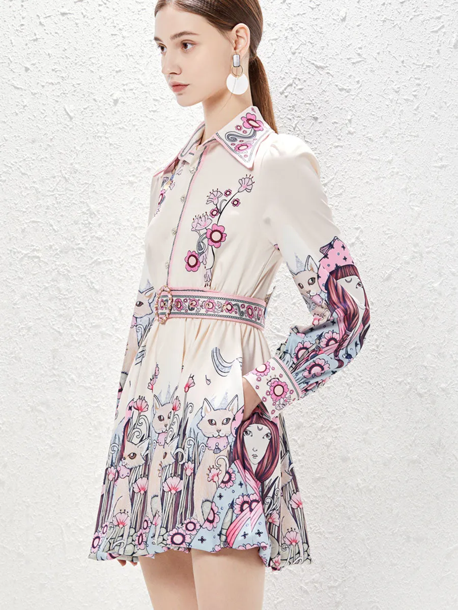 Pocketed Skirt Collar Floral Printed Long Sleeves Boho Dress