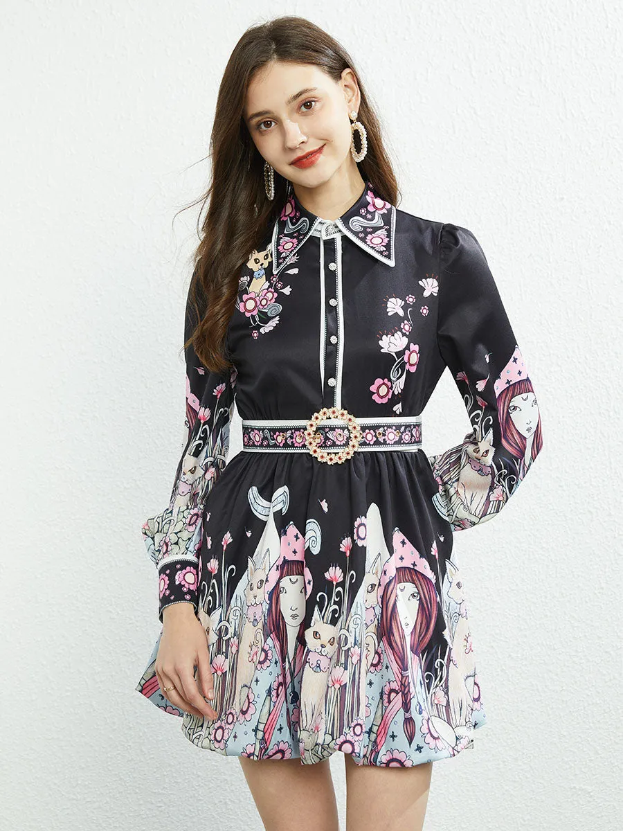 Pocketed Skirt Collar Floral Printed Long Sleeves Boho Dress