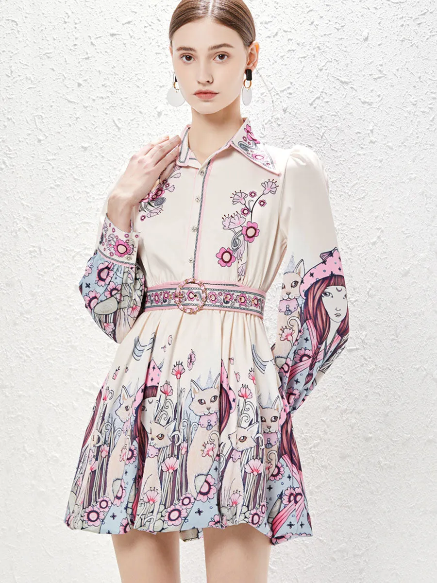 Pocketed Skirt Collar Floral Printed Long Sleeves Boho Dress
