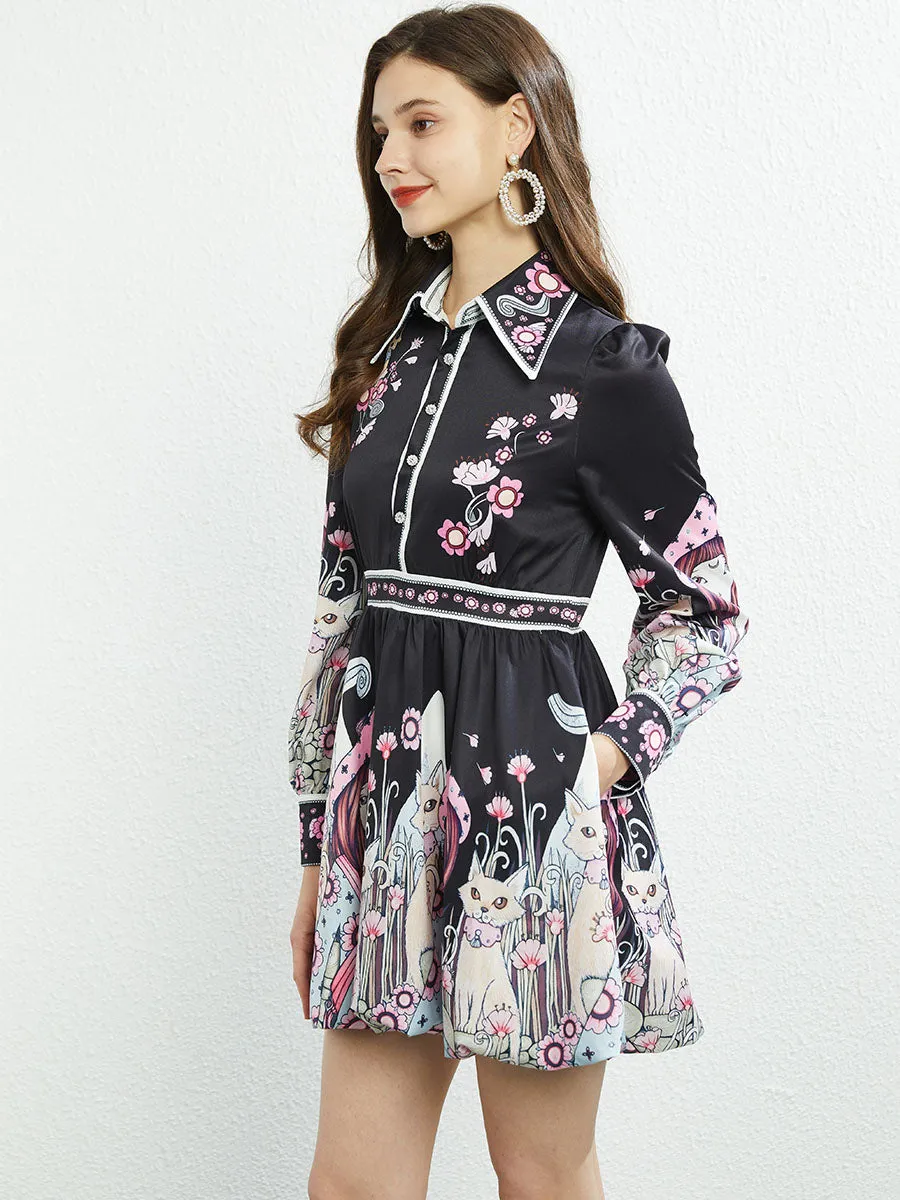 Pocketed Skirt Collar Floral Printed Long Sleeves Boho Dress
