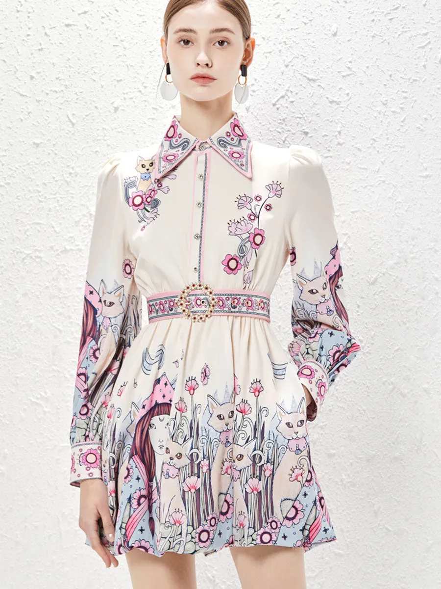 Pocketed Skirt Collar Floral Printed Long Sleeves Boho Dress