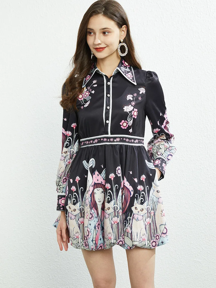 Pocketed Skirt Collar Floral Printed Long Sleeves Boho Dress