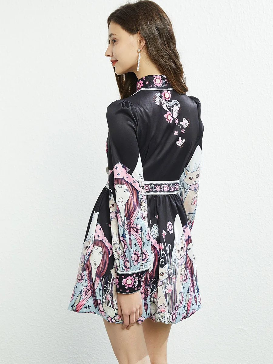 Pocketed Skirt Collar Floral Printed Long Sleeves Boho Dress
