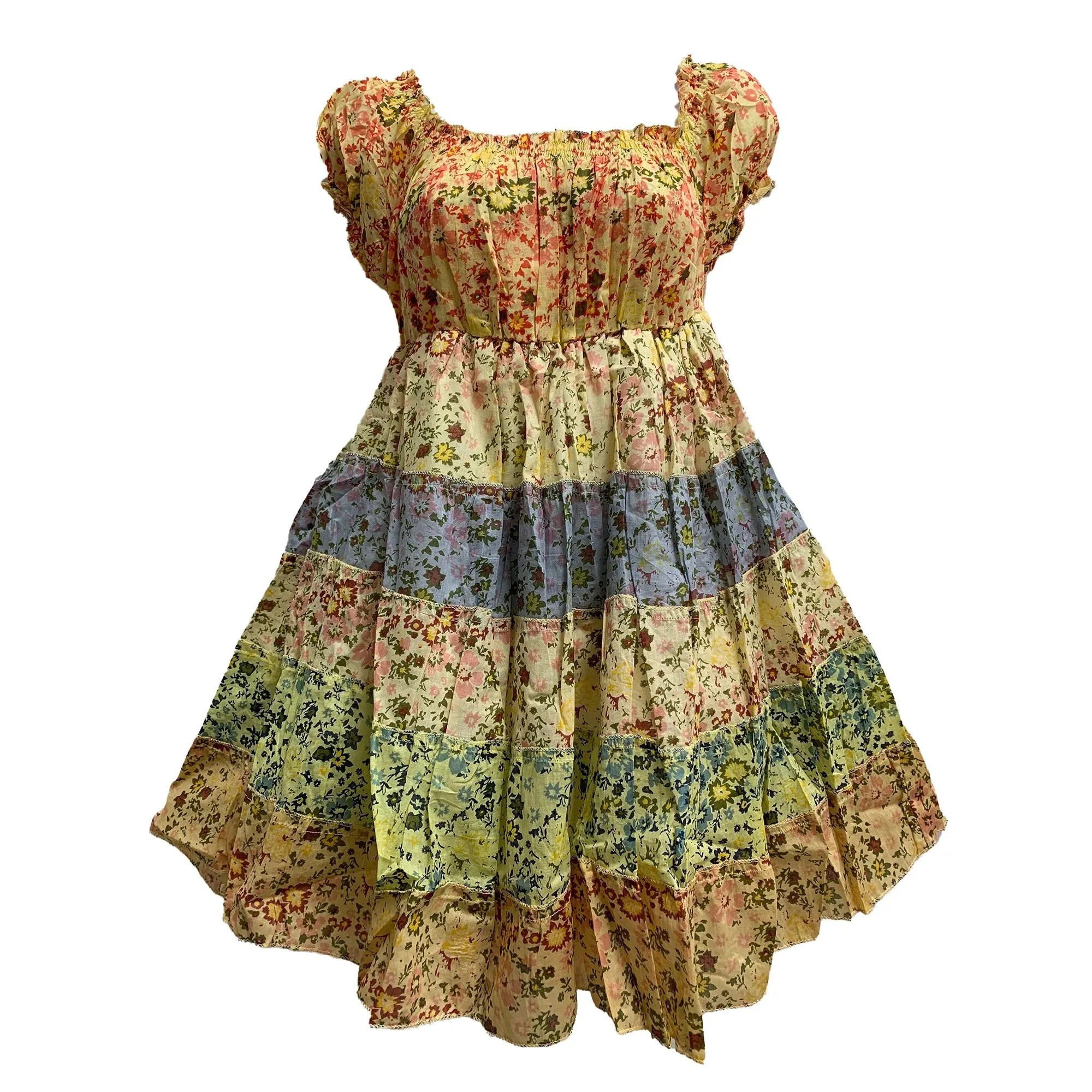 Pure Cotton Boho Summer Floral Print Ruffled Puffed Sleeve Tiered Patchwork Mini Dress Off Shoulder Dress