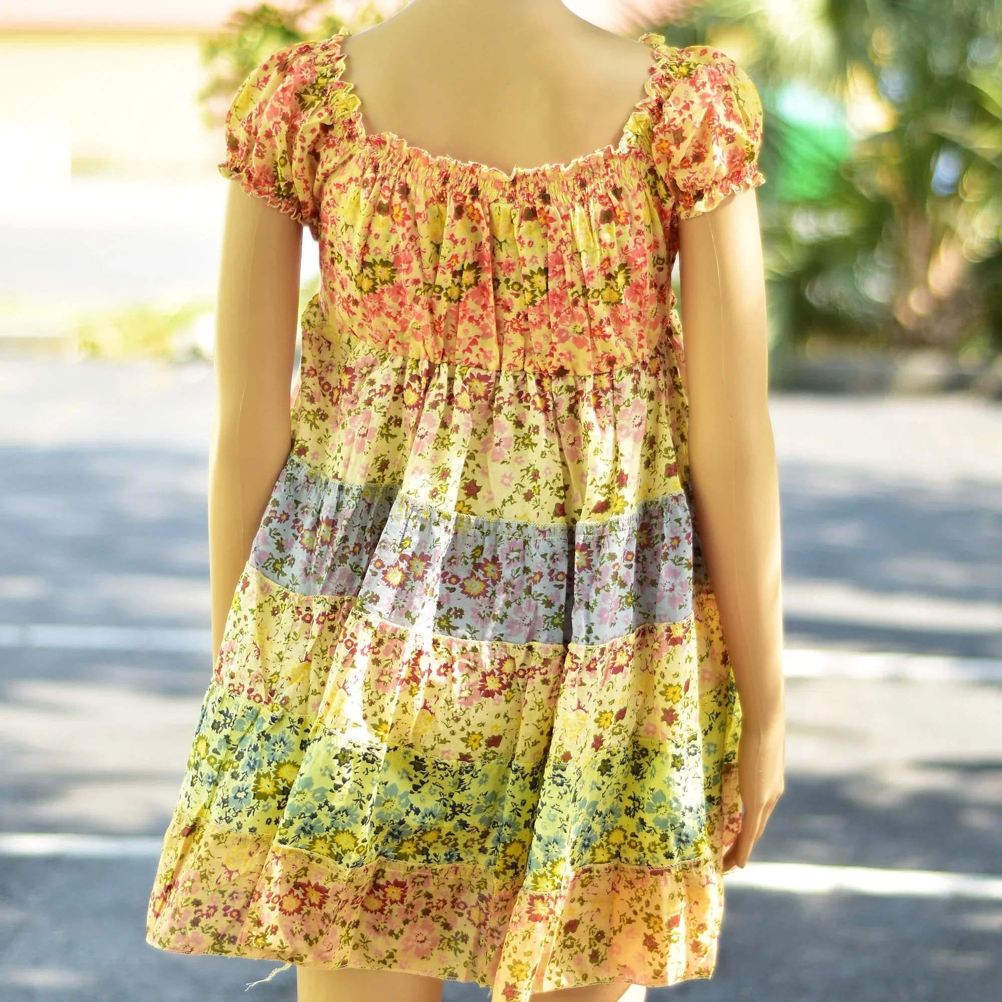 Pure Cotton Boho Summer Floral Print Ruffled Puffed Sleeve Tiered Patchwork Mini Dress Off Shoulder Dress