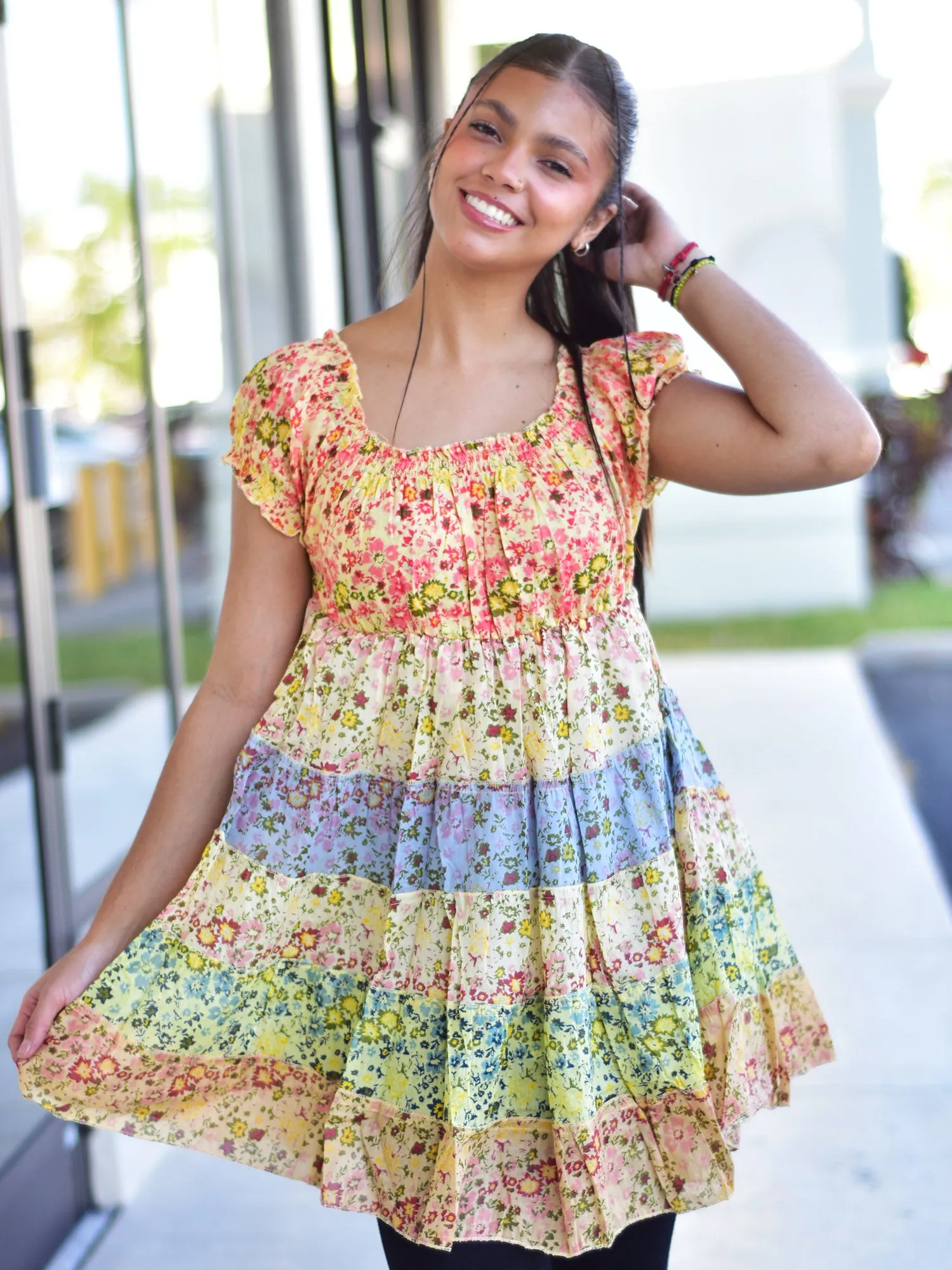 Pure Cotton Boho Summer Floral Print Ruffled Puffed Sleeve Tiered Patchwork Mini Dress Off Shoulder Dress