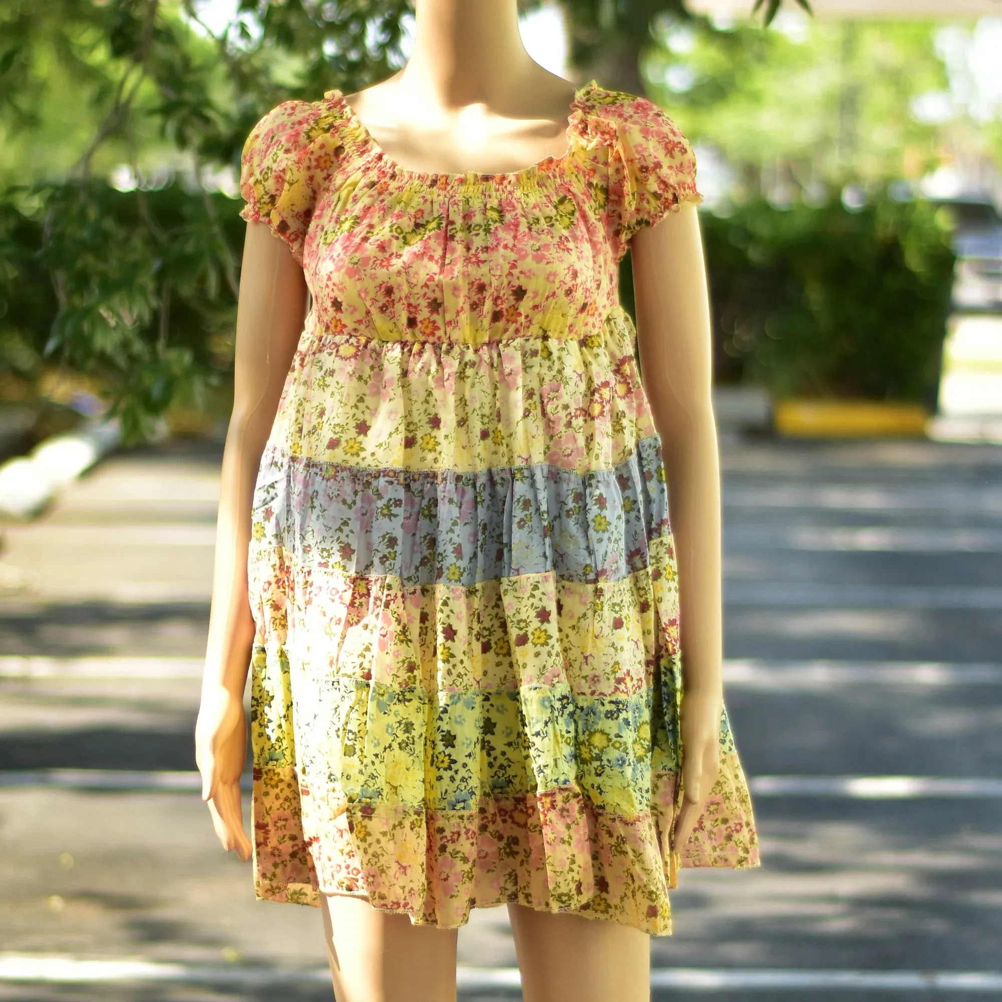 Pure Cotton Boho Summer Floral Print Ruffled Puffed Sleeve Tiered Patchwork Mini Dress Off Shoulder Dress