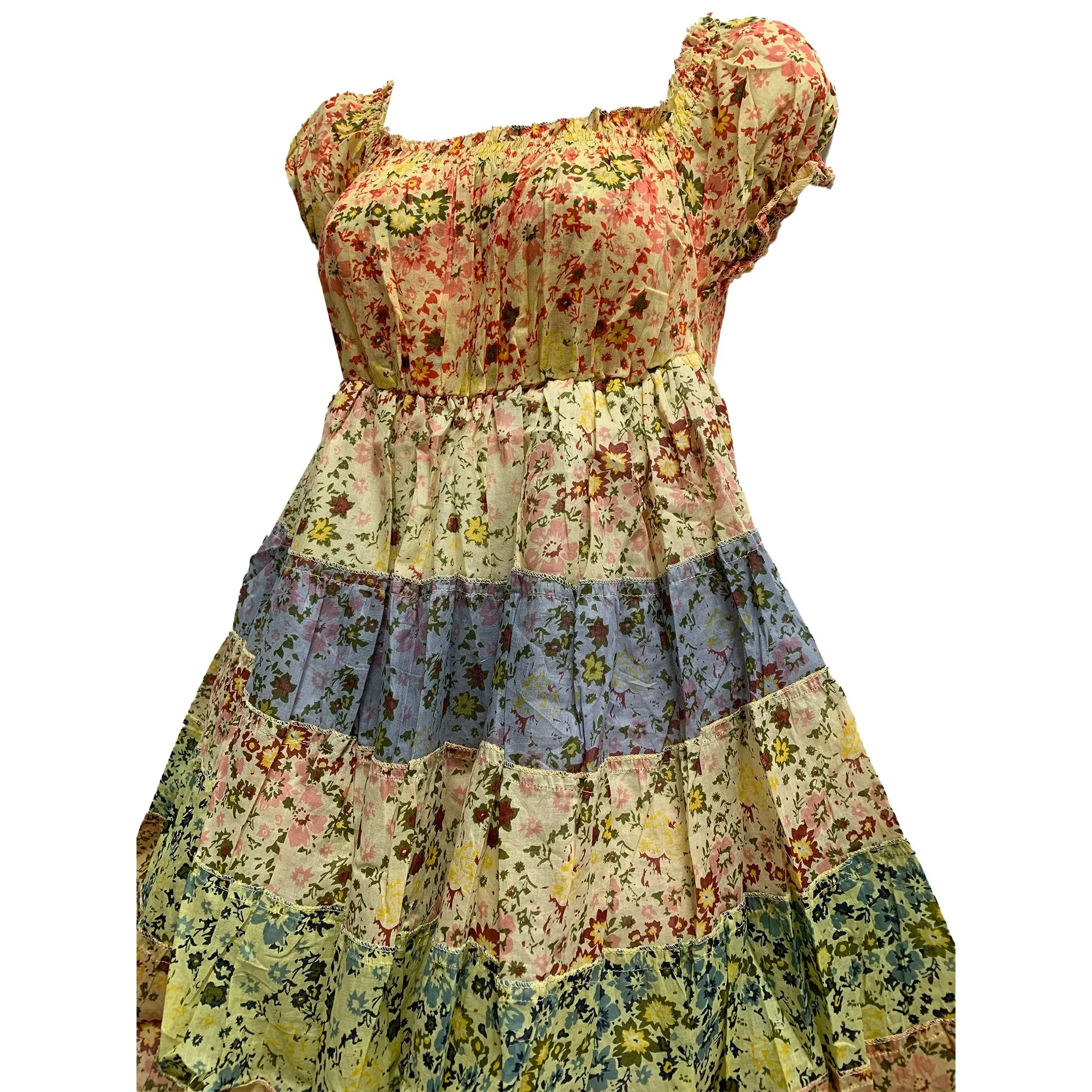 Pure Cotton Boho Summer Floral Print Ruffled Puffed Sleeve Tiered Patchwork Mini Dress Off Shoulder Dress