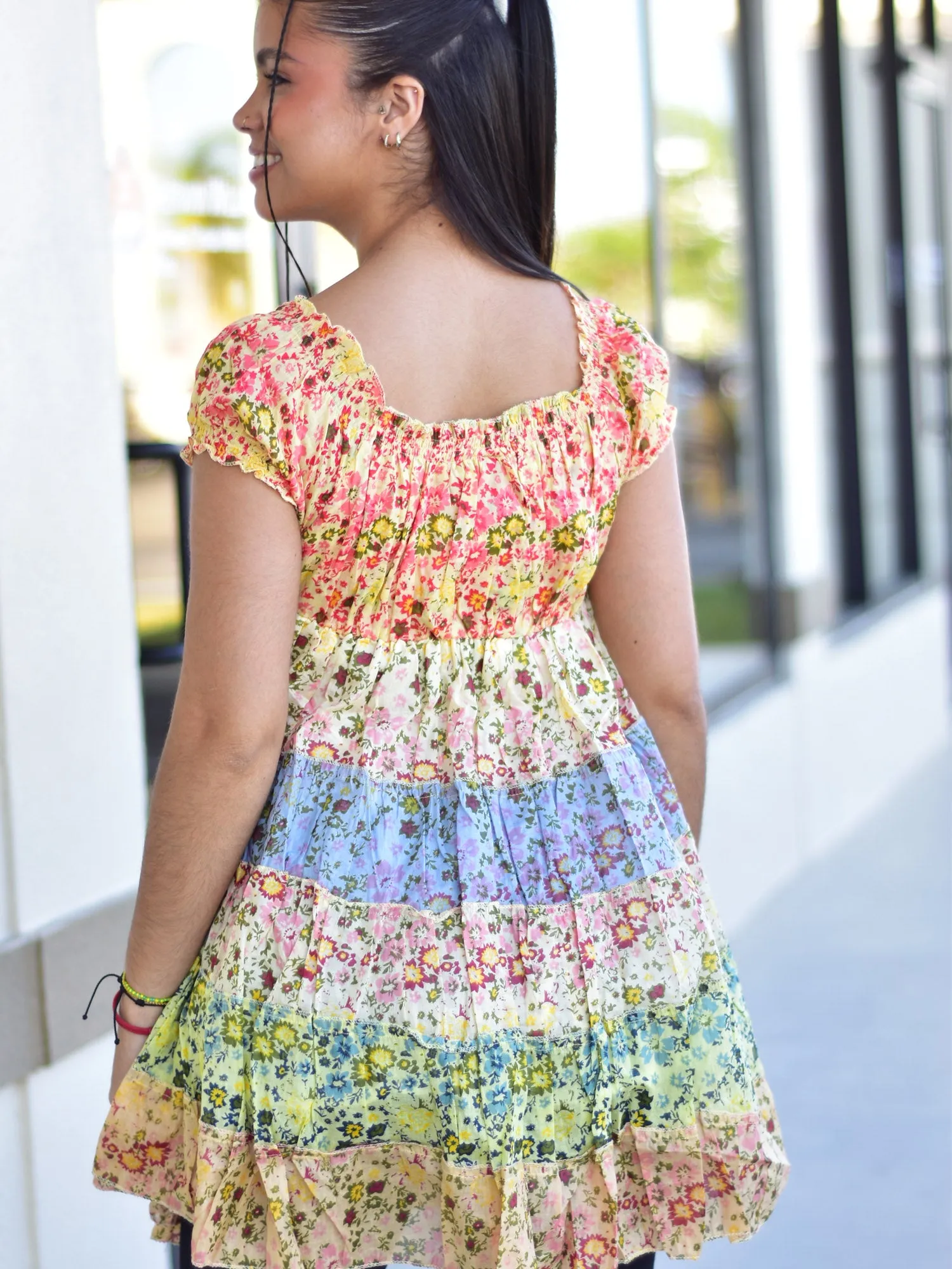 Pure Cotton Boho Summer Floral Print Ruffled Puffed Sleeve Tiered Patchwork Mini Dress Off Shoulder Dress