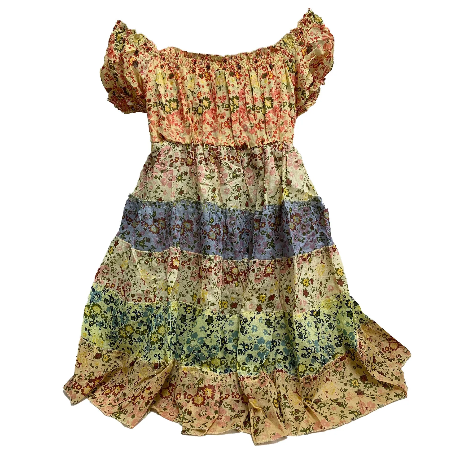 Pure Cotton Boho Summer Floral Print Ruffled Puffed Sleeve Tiered Patchwork Mini Dress Off Shoulder Dress