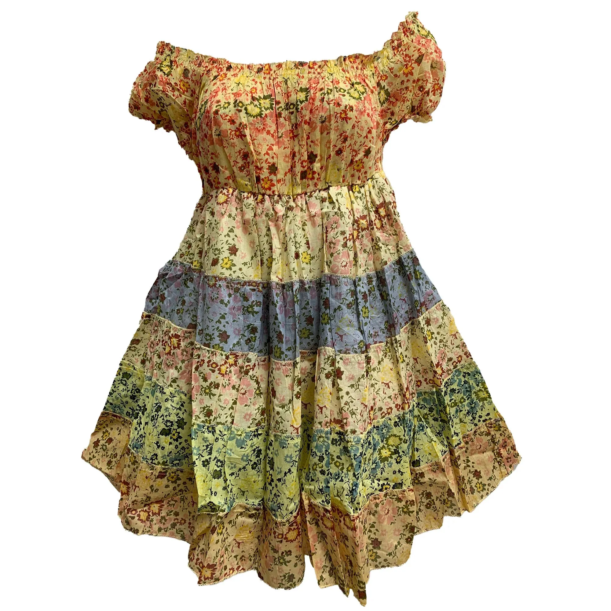 Pure Cotton Boho Summer Floral Print Ruffled Puffed Sleeve Tiered Patchwork Mini Dress Off Shoulder Dress
