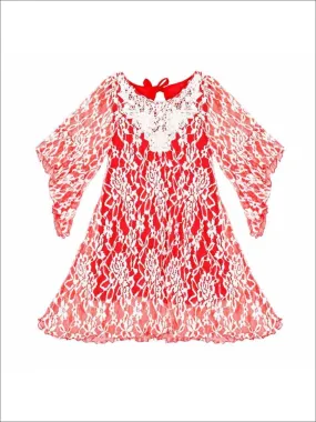 Red And White Lace Dress with Boho Sleeves and Crochet Collar