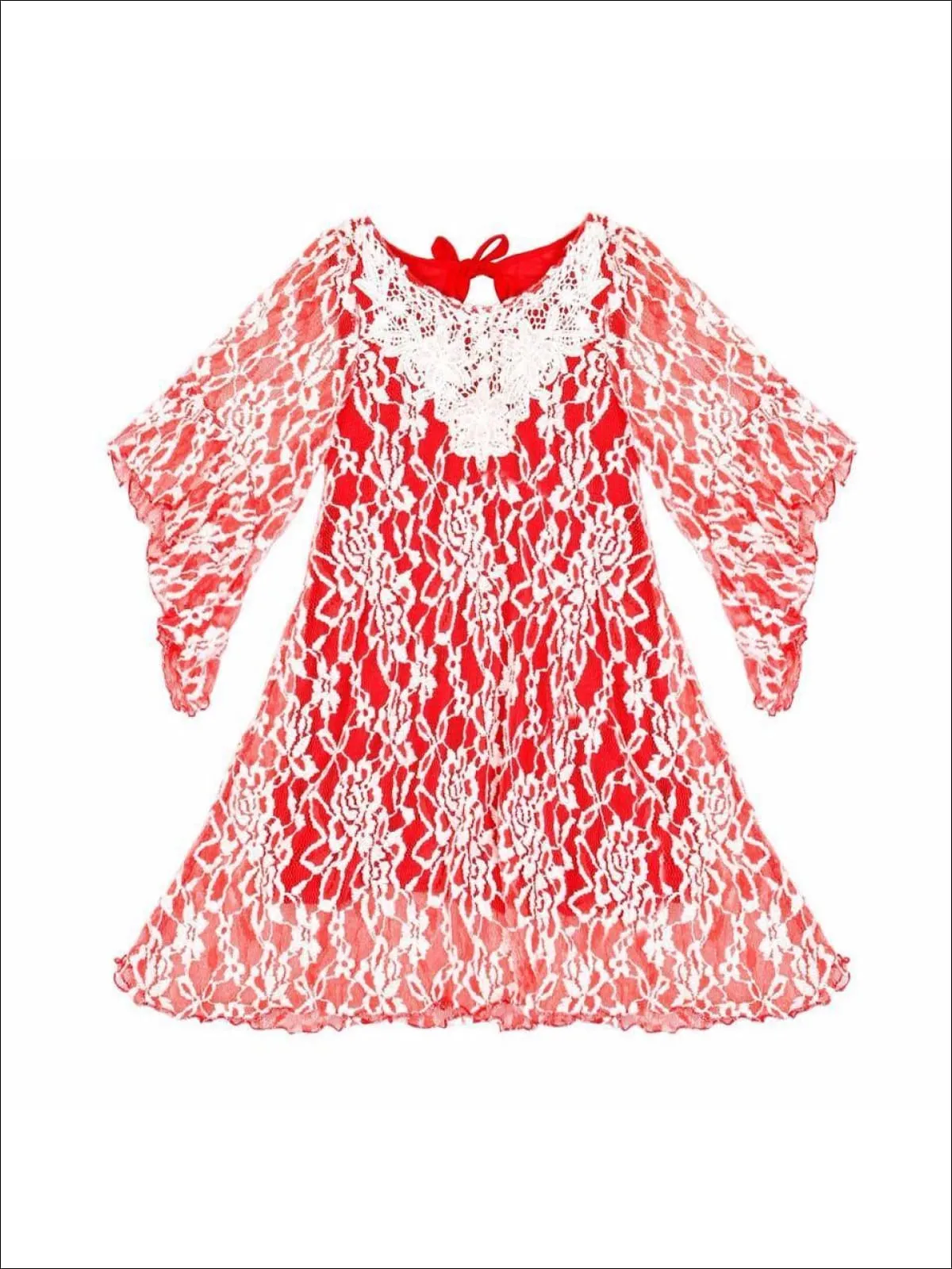 Red And White Lace Dress with Boho Sleeves and Crochet Collar