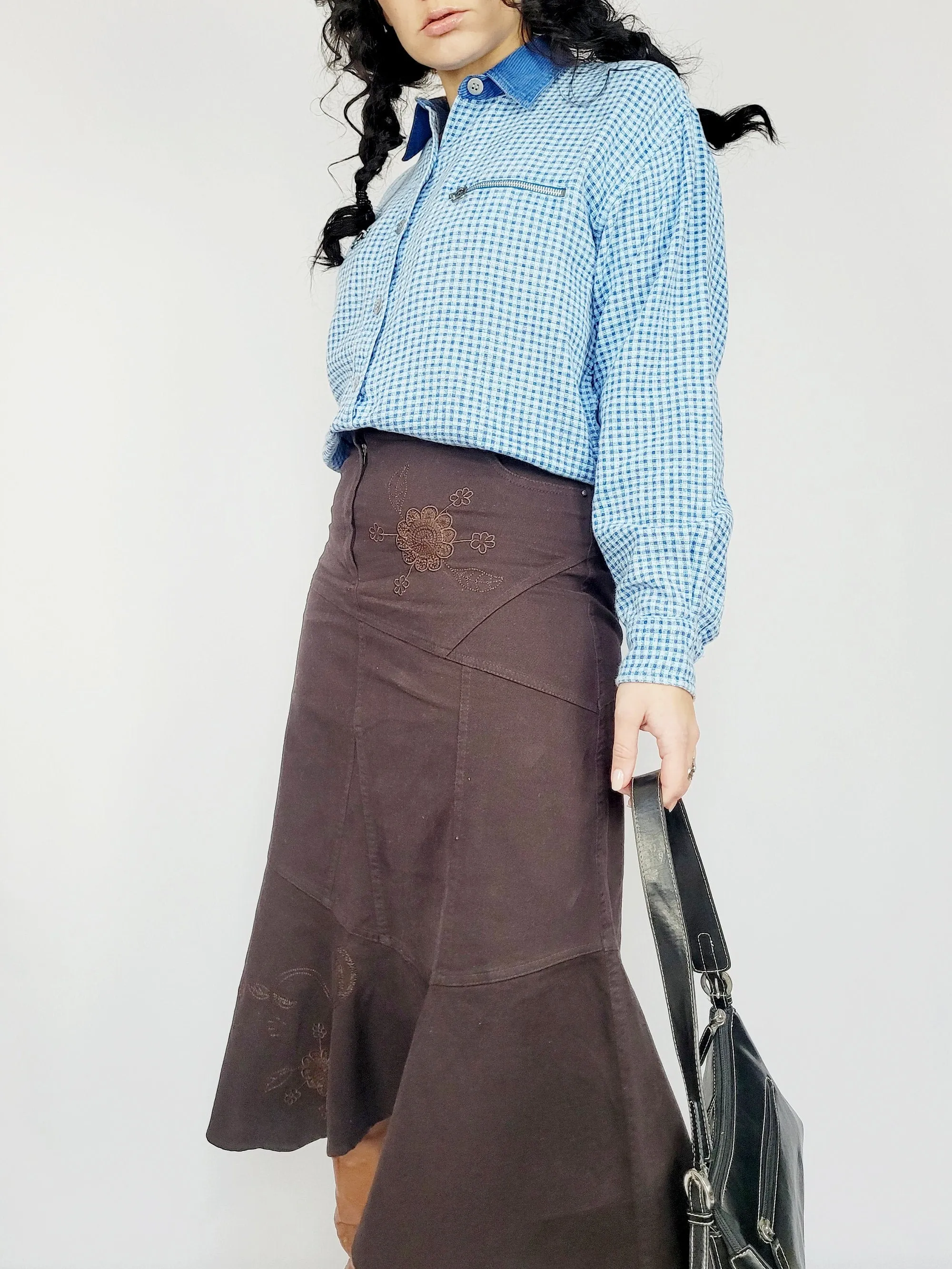 Retro 90s blue minimalist checked cotton shirt blouse top