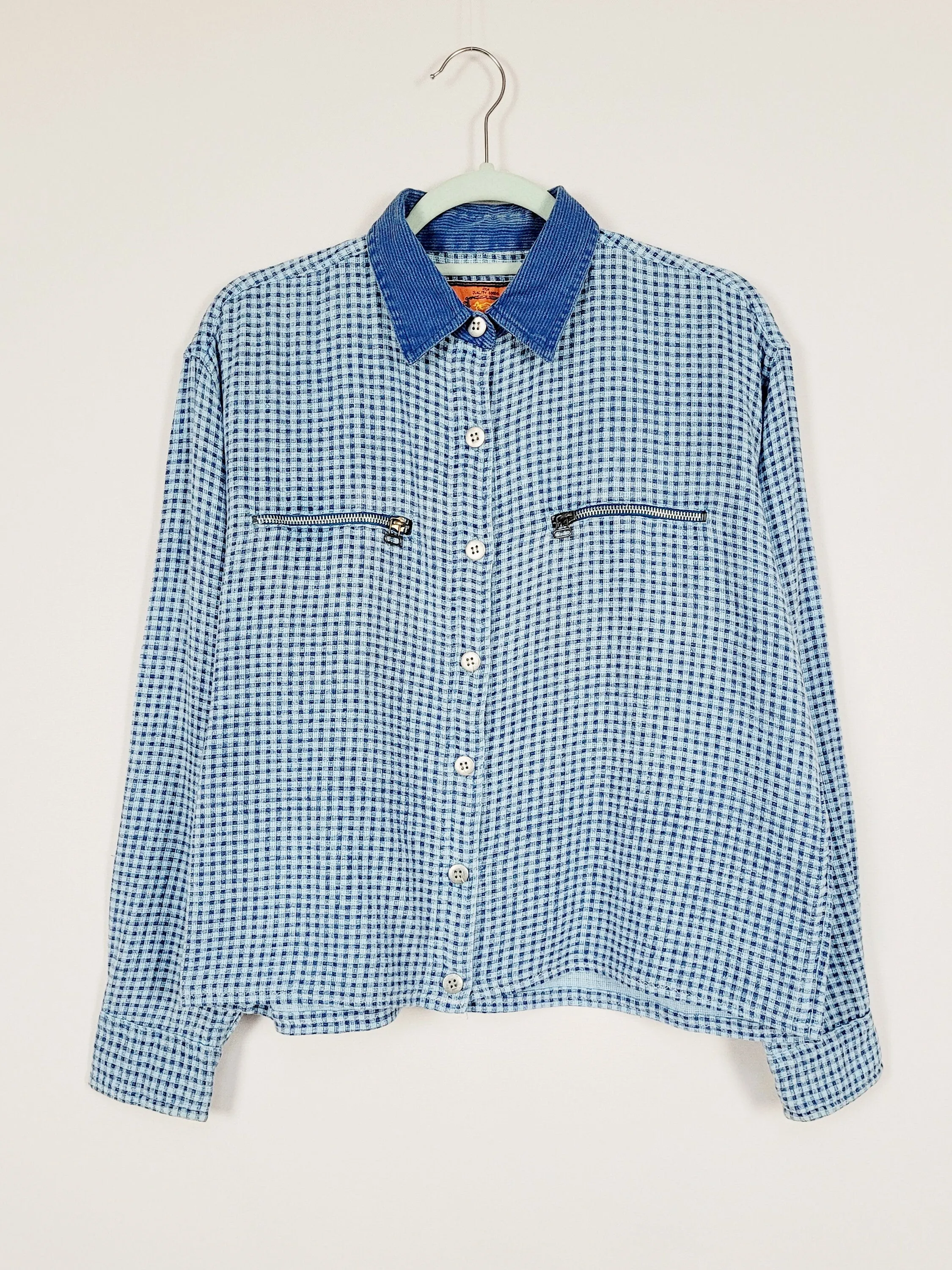 Retro 90s blue minimalist checked cotton shirt blouse top