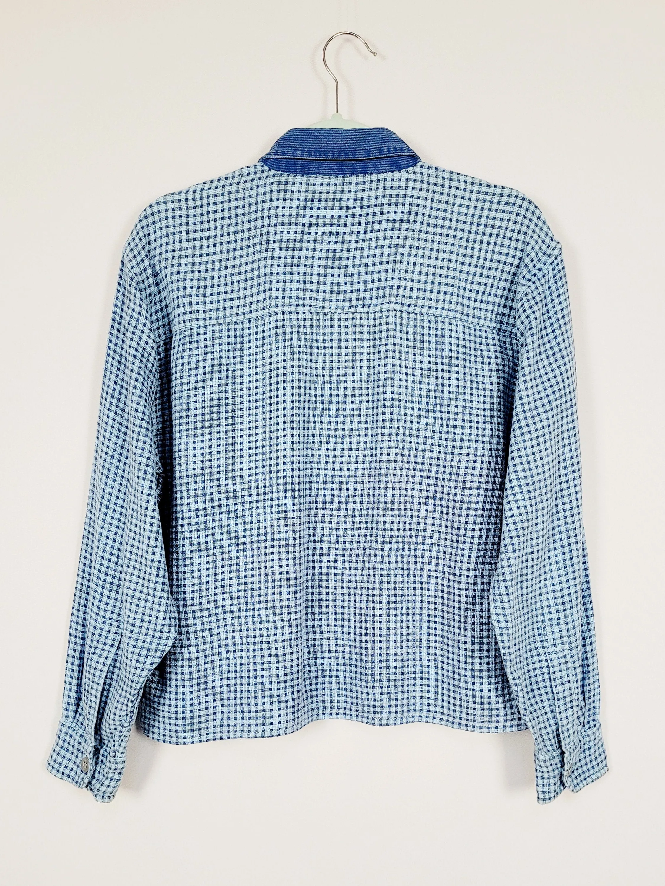 Retro 90s blue minimalist checked cotton shirt blouse top