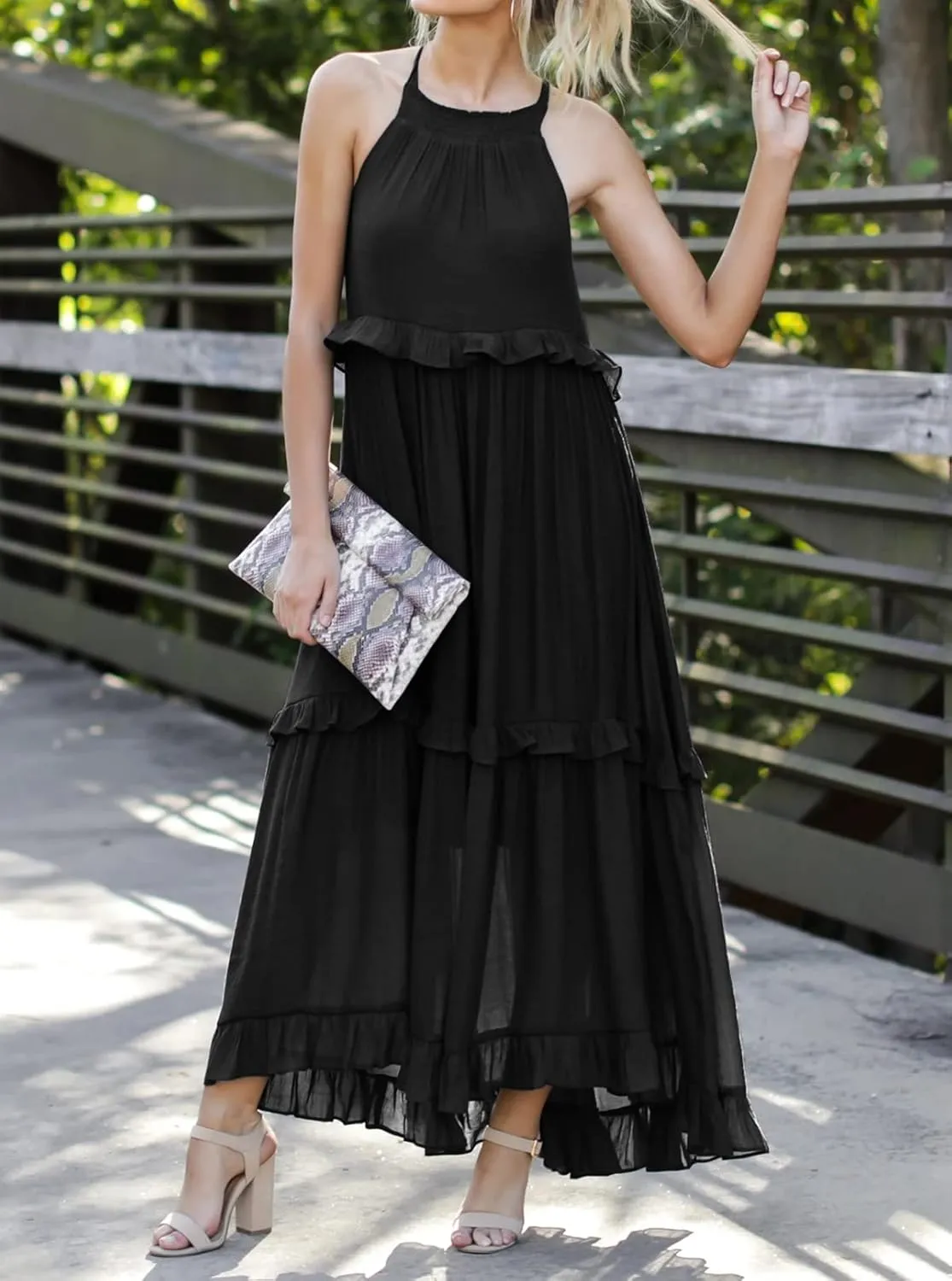 R.Vivimos Womens Summer Dress Cotton Sleeveless Halter Layered Ruffles Casual Boho Flowy Maxi Dress