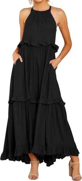R.Vivimos Womens Summer Dress Cotton Sleeveless Halter Layered Ruffles Casual Boho Flowy Maxi Dress